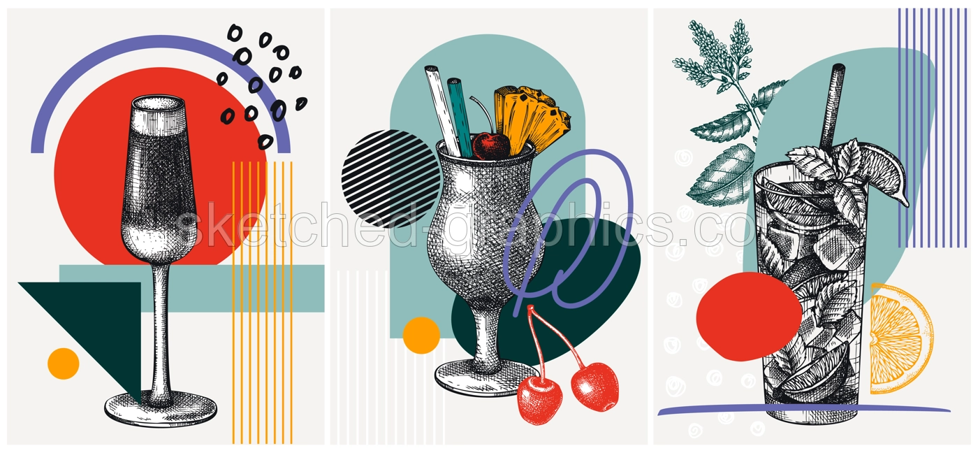 Collage style cocktail vector illustrations. Hand-sketched alcoholic drink drawings set. Trendy design with glassware, geometric and abstract shapes. Mojito, Black velvet, pina colada for print Illustration